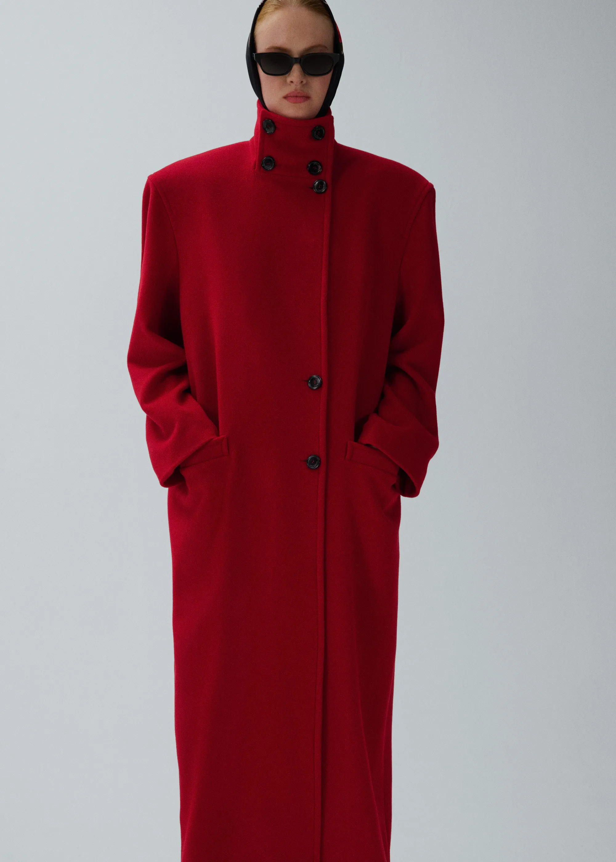 Oversized high collar wool coat in red