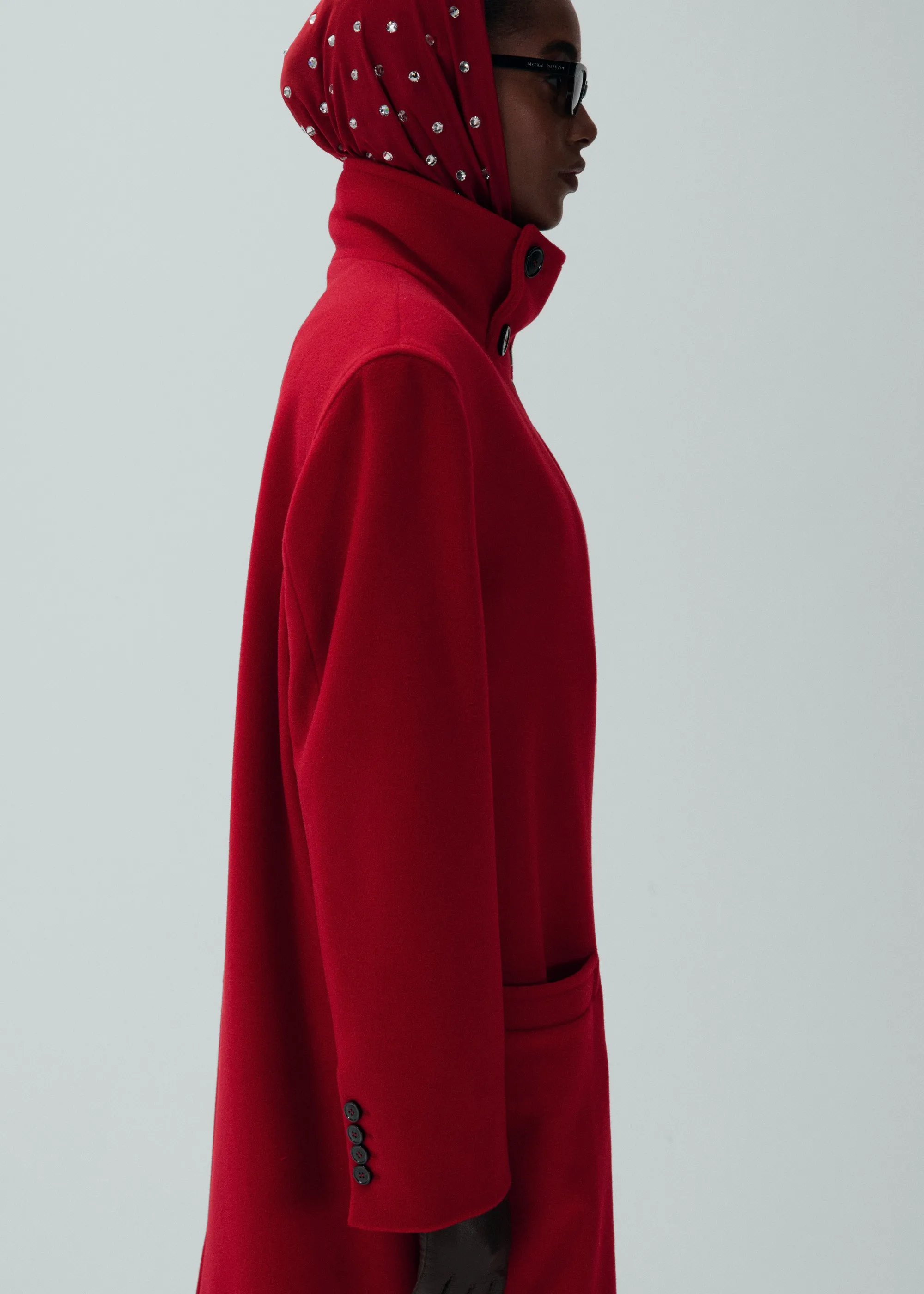 Oversized high collar wool coat in red