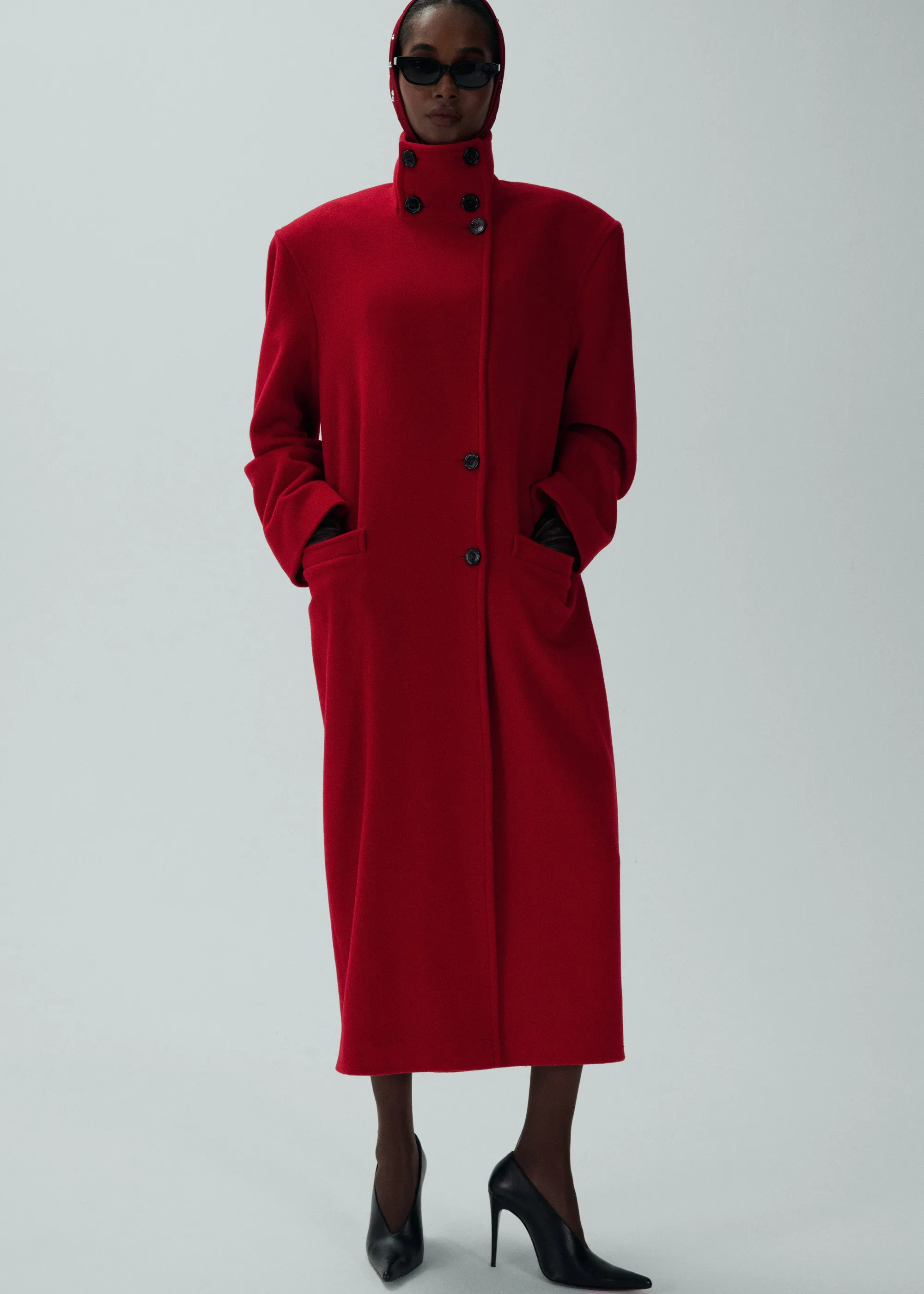 Oversized high collar wool coat in red