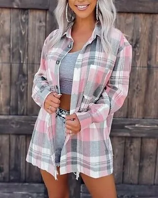 Plaid Print Long Sleeve Button Down Shacket