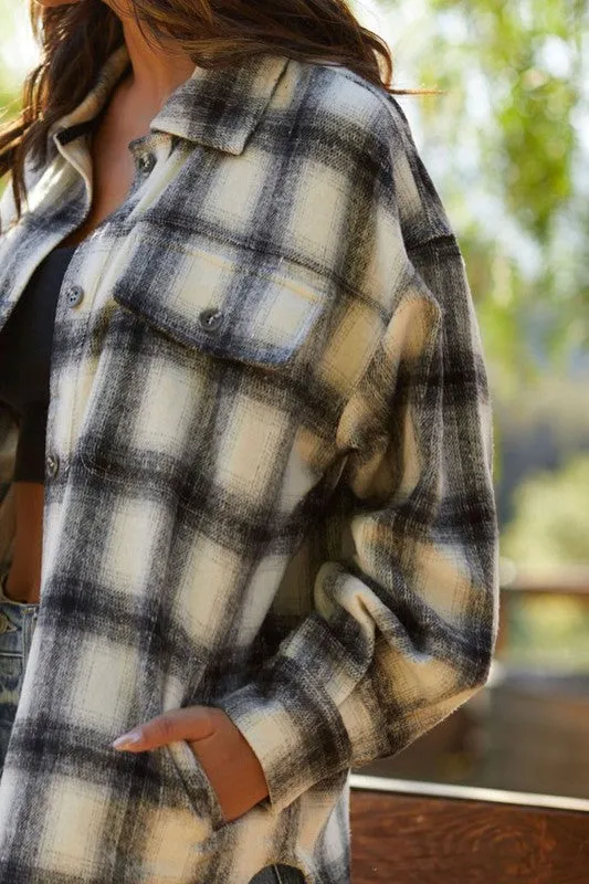 POCKETED PLAID SHACKET (BLK/GRAY/IVORY)