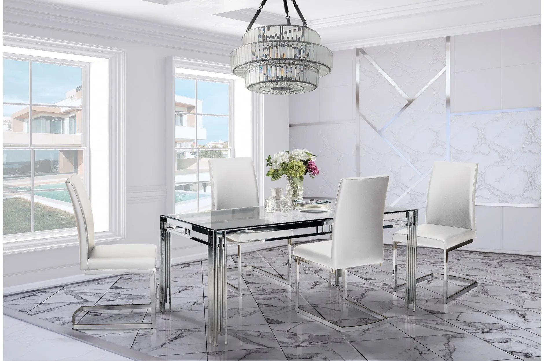 Porfirio Dining Set with Shirelle Chair in White Leather