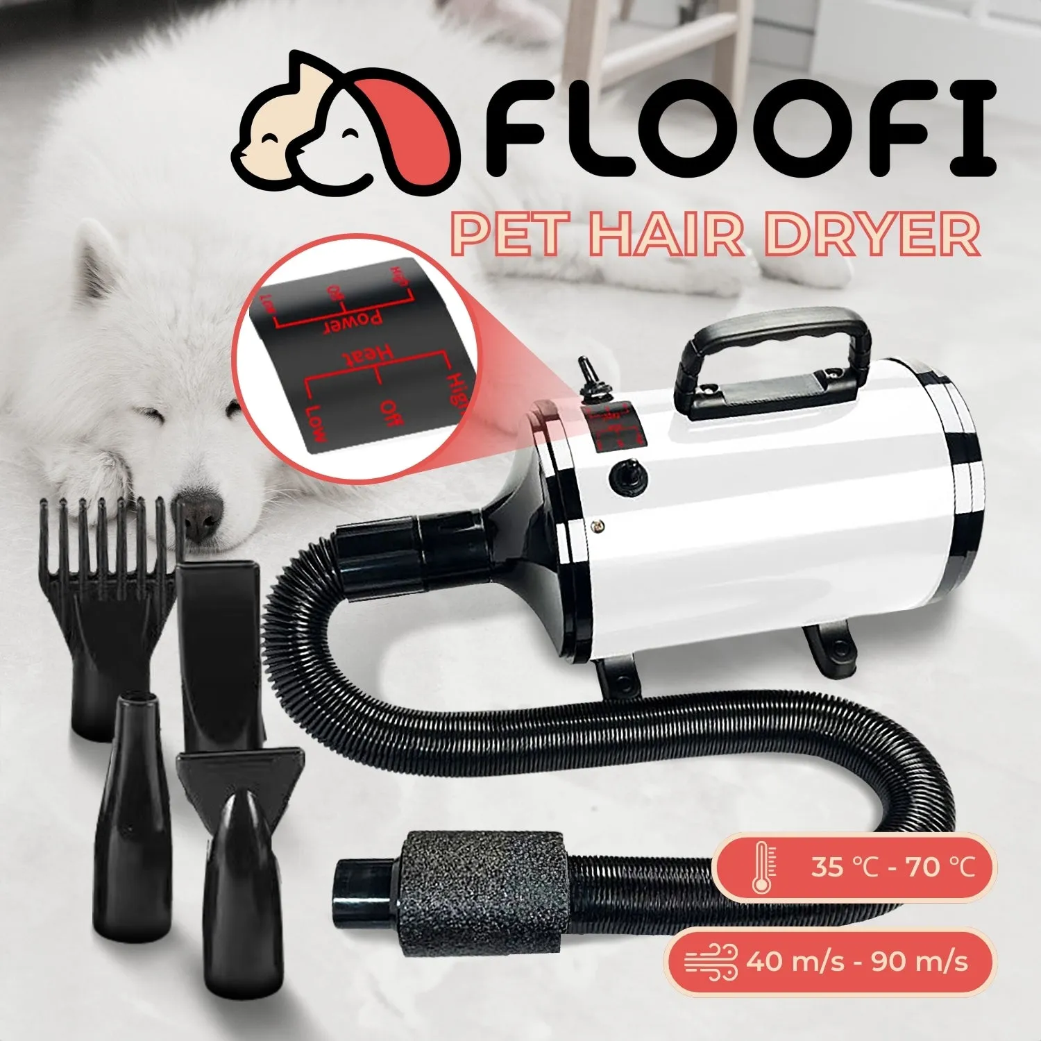 Powerful Pet Hair Dryer with Adjustable Settings - Floofi White