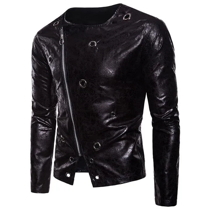 Punk metal rivet crossbody zipper leather men's leather jacket