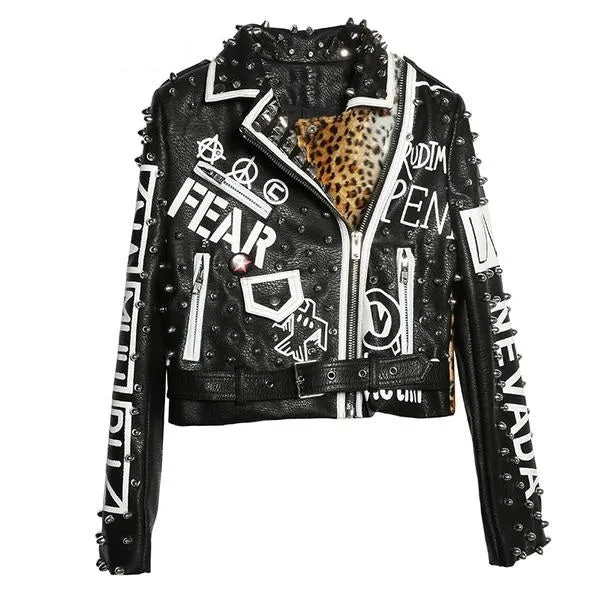 Punk Rock Black Leopard Studded Leather Jacket