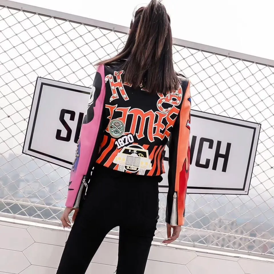 Punk Rock Cartoon Graffiti Studded Leather Jacket