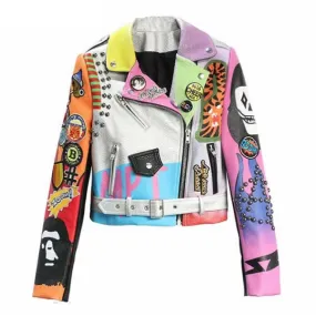 Punk Rock Cartoon Graffiti Studded Leather Jacket