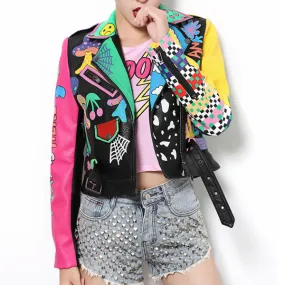 Punk Rock Colorful Cartoon Studded Leather Jacket