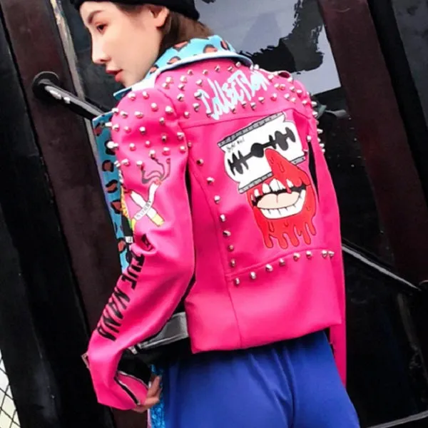 Punk Rock Pink Biker Studded Leather Jacket