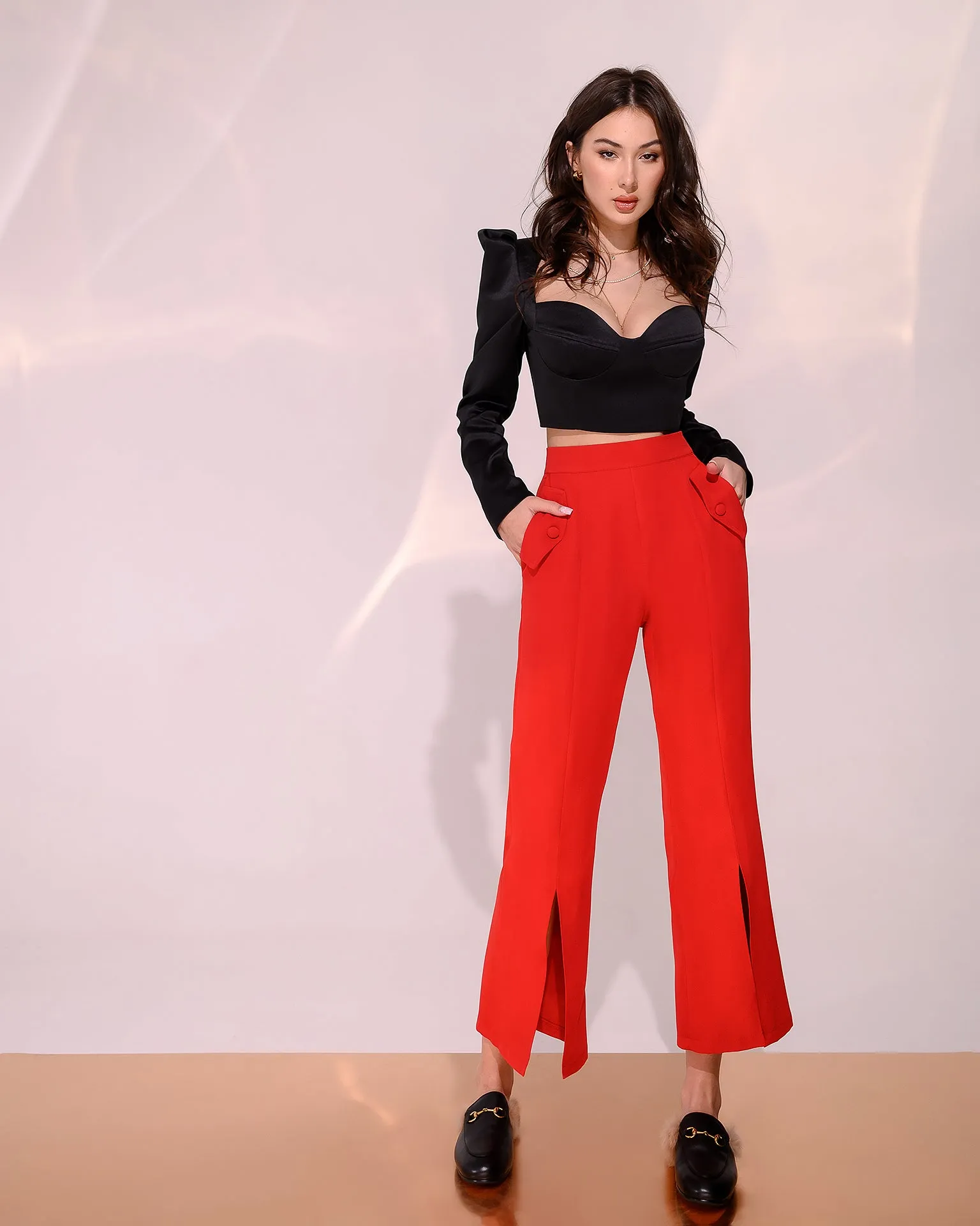 Red High Waist Pocketed Сulottes Pants