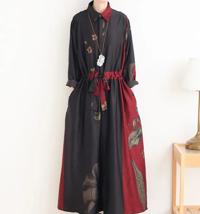 Red Print Loose Fall Women Coat Long Sleeve Women Waist Trench Coat S90921