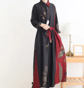 Red Print Loose Fall Women Coat Long Sleeve Women Waist Trench Coat S90921