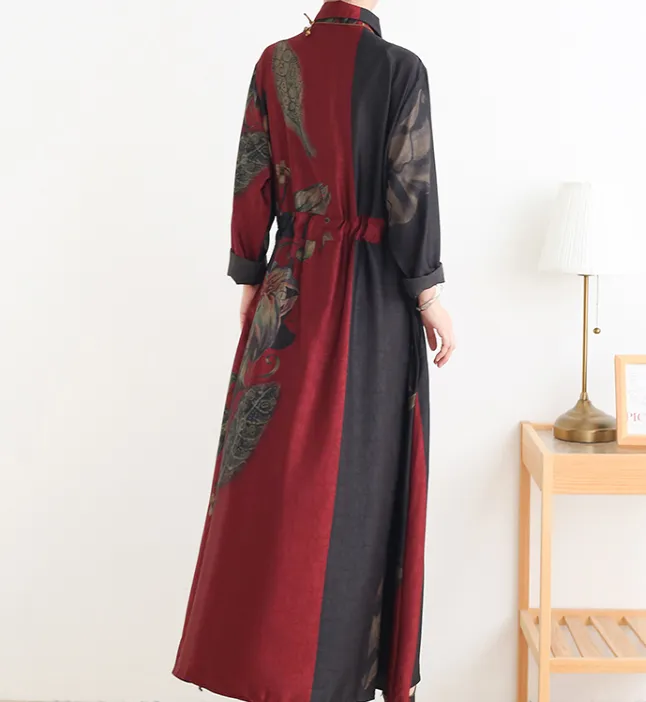 Red Print Loose Fall Women Coat Long Sleeve Women Waist Trench Coat S90921