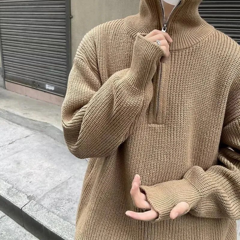 Riolio FALL OUTFITS MEN Autumn Men's Half Zipper Knitted Pullover Sweater Y2K Vintage Casual Knitwear New Stand-up Collar Loose jersey hombre