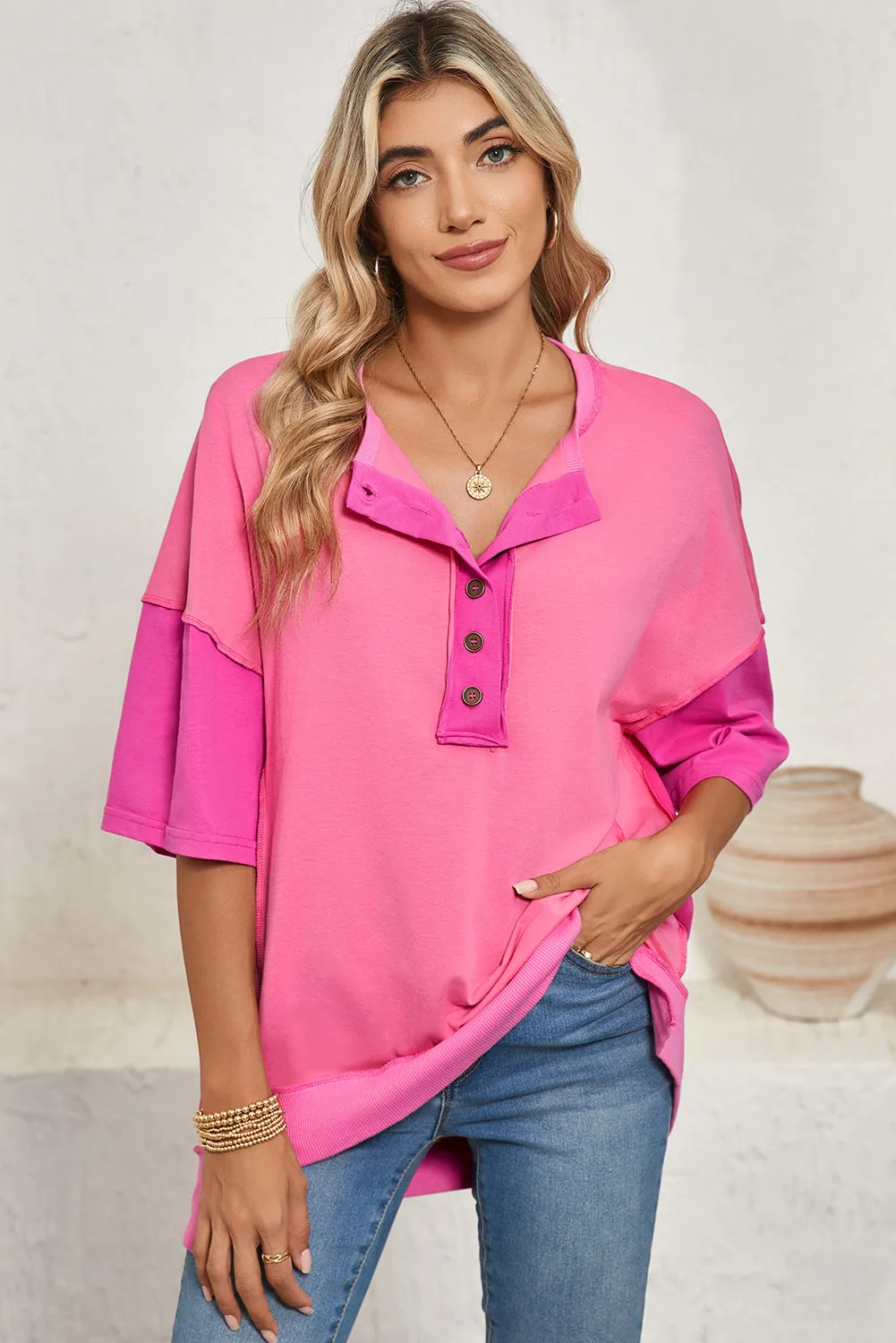 Rose Red Contrast Color Patchwork Oversized Henley T-Shirt – Bold, Cozy, and Full of Vibes