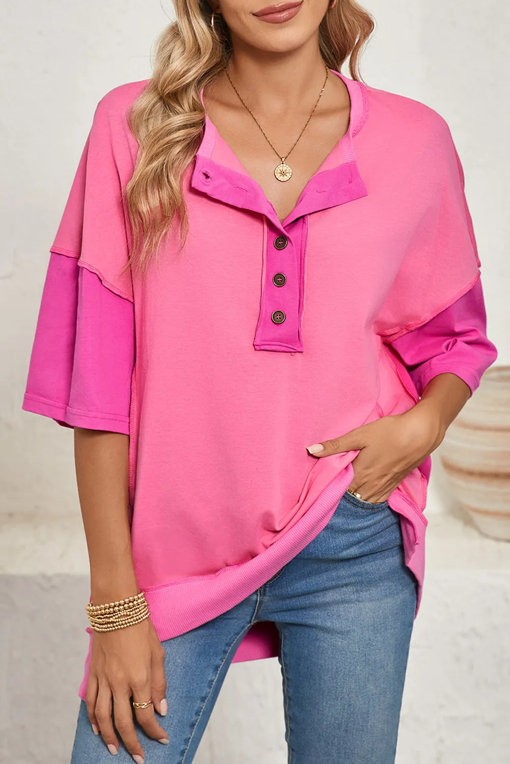 Rose Red Contrast Color Patchwork Oversized Henley T-Shirt – Bold, Cozy, and Full of Vibes