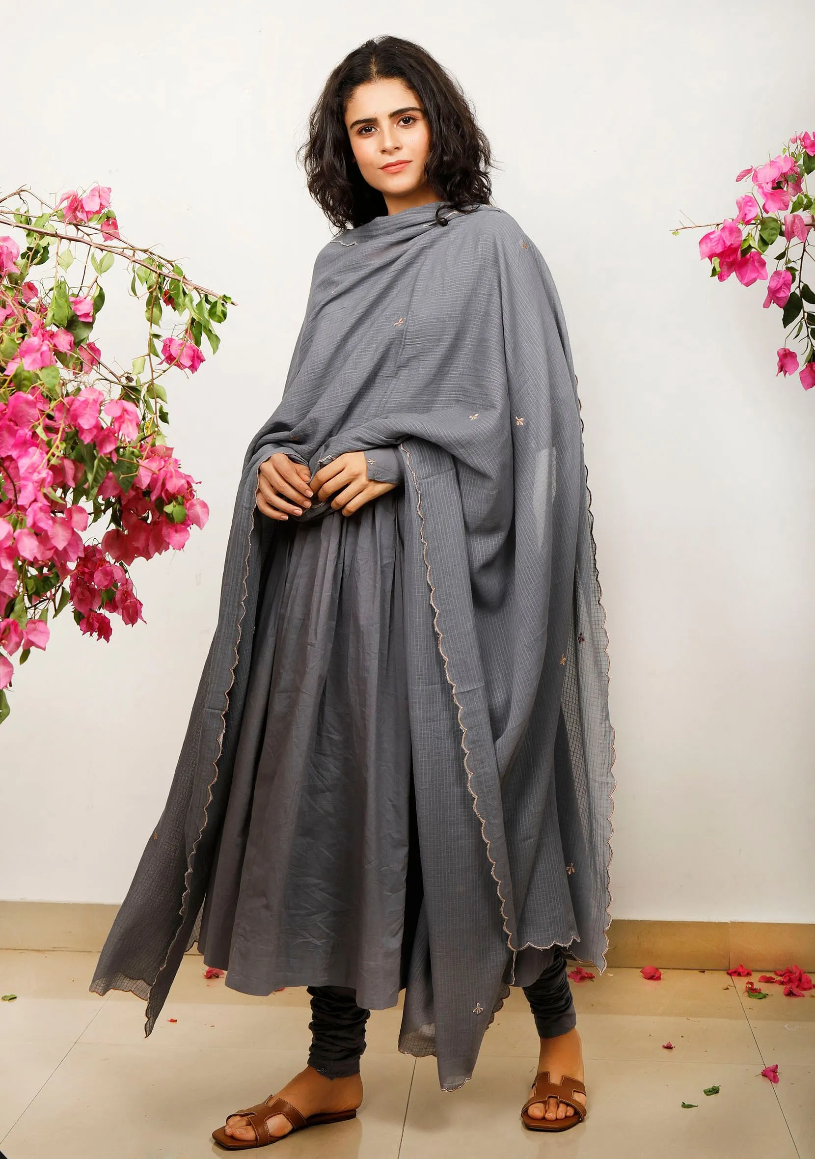 Set of 3: Grey Gathered Cotton plain Kurta with Kota Dupatta and Grey plain Cotton Churidar