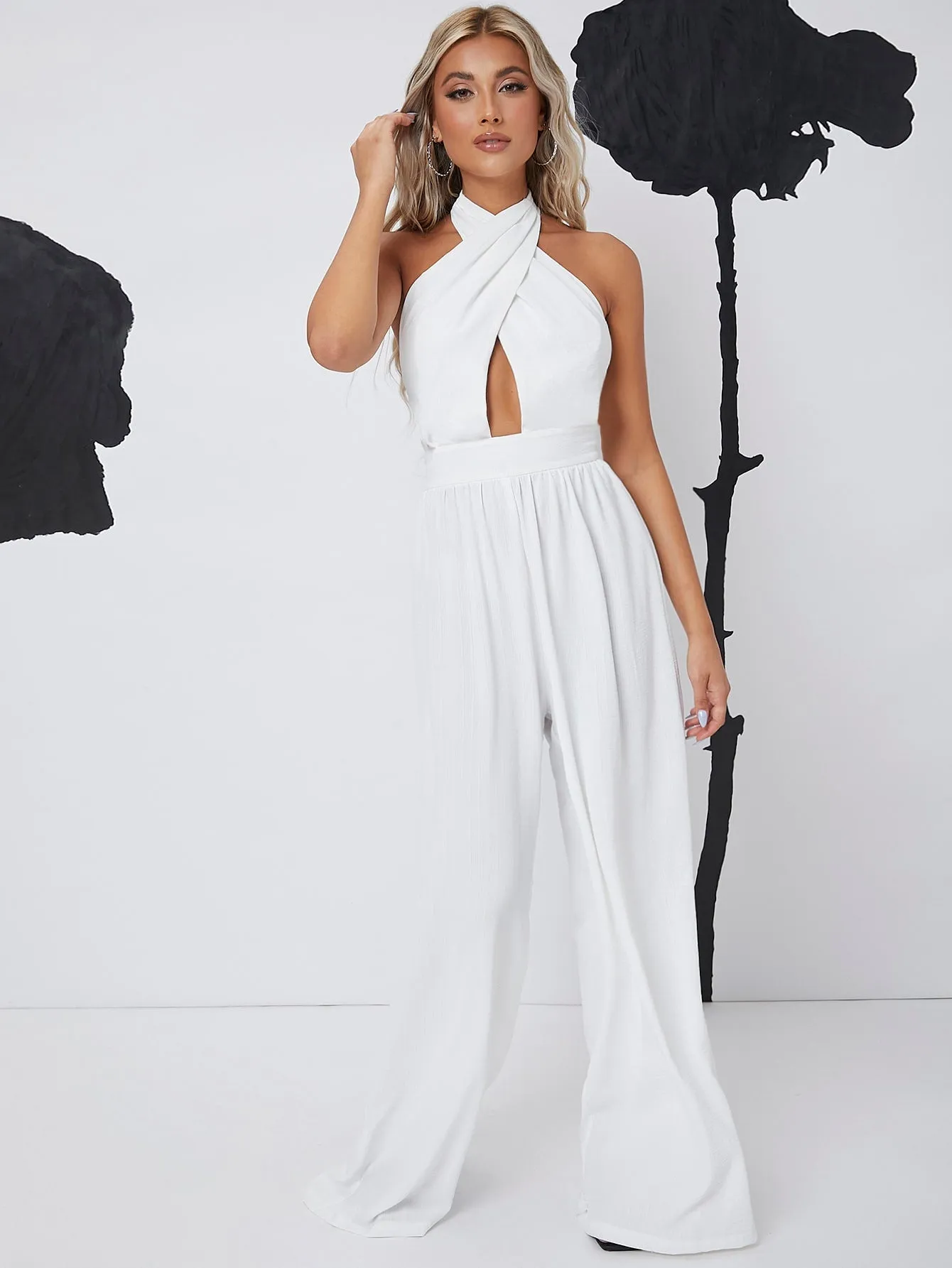 Sexy Plain Criss Cross Sleeveless Halter High Waist Long Women Jumpsuit