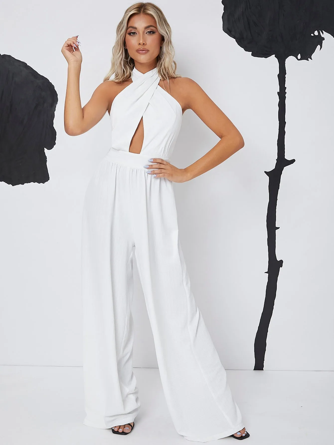 Sexy Plain Criss Cross Sleeveless Halter High Waist Long Women Jumpsuit