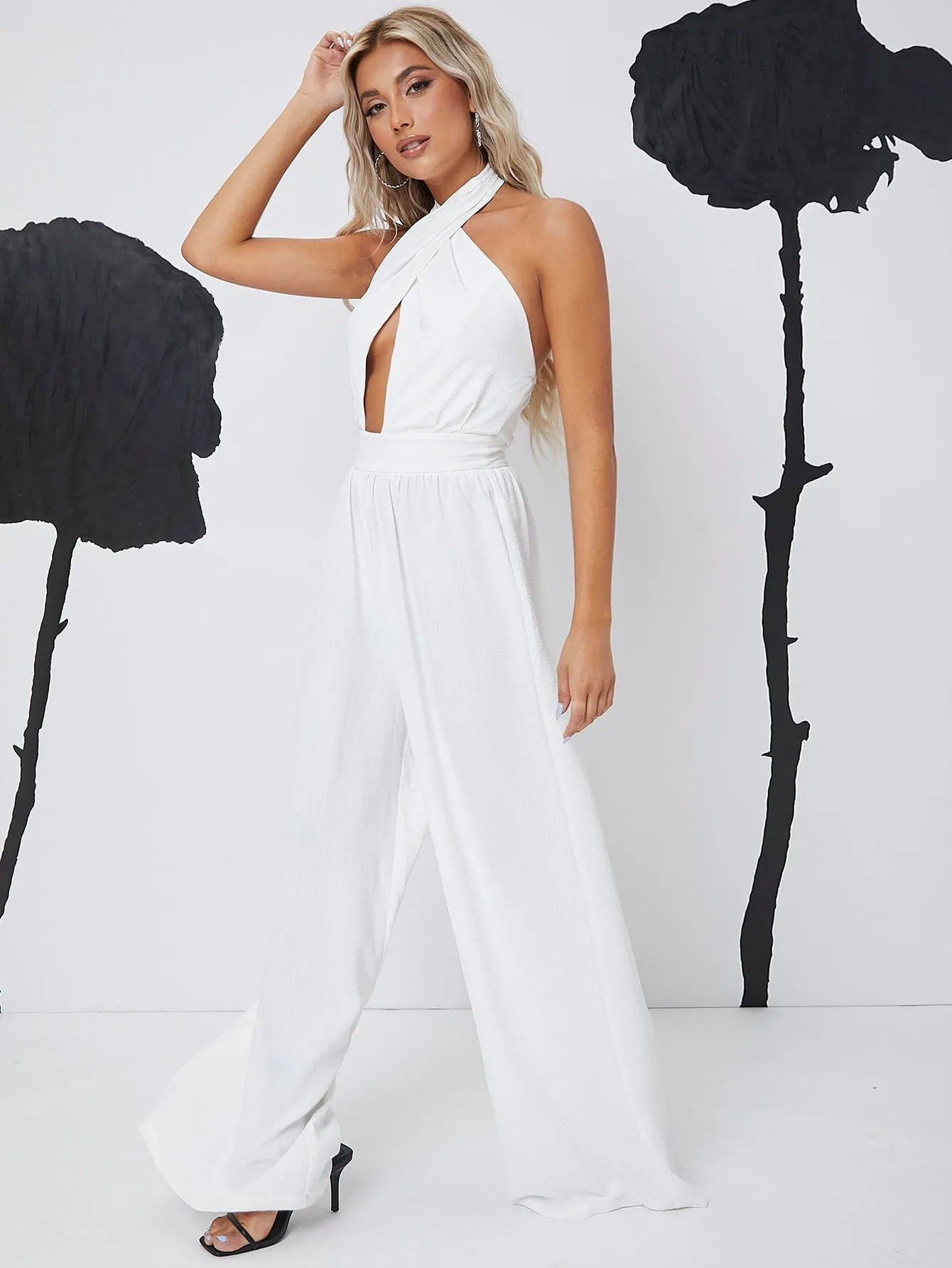 Sexy Plain Criss Cross Sleeveless Halter High Waist Long Women Jumpsuit