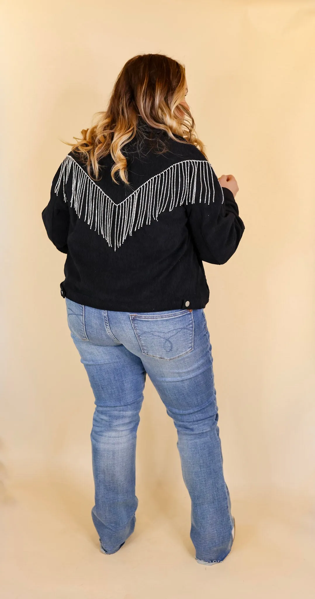 Signature Moves Button Up Corduroy Jacket with Crystal Fringe Back in Black