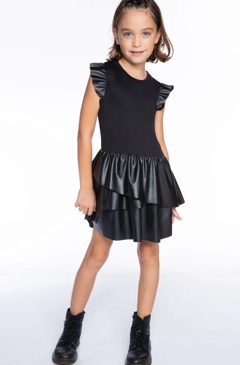 Simply Soft Flutter Sleeve Asymmetrical Skirt Dress - Black Pleather