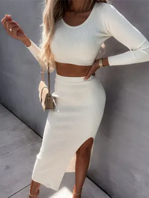 Solid Color Threaded Long-Sleeved Top and Slit Skirt Set