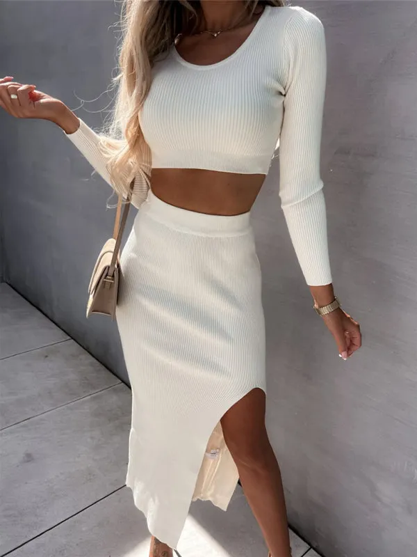 Solid Color Threaded Long-Sleeved Top and Slit Skirt Set