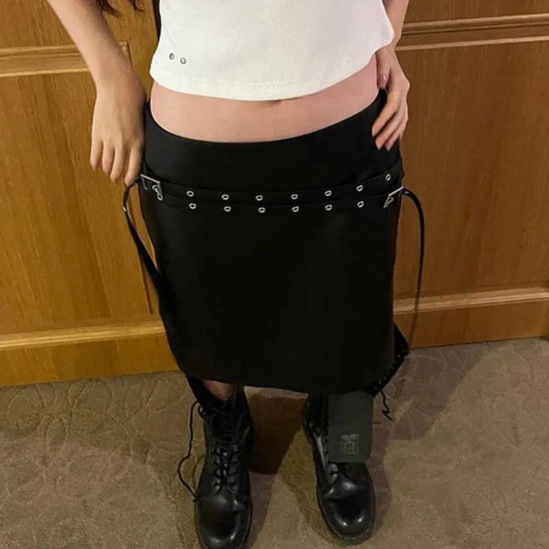 Streetwear Punk Low Rise PU Leather Skirt Party Club Buckle Metal Fashion Midi Skirt Ladies Grunge Gothic Sexy Bottom