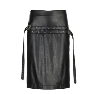 Streetwear Punk Low Rise PU Leather Skirt Party Club Buckle Metal Fashion Midi Skirt Ladies Grunge Gothic Sexy Bottom