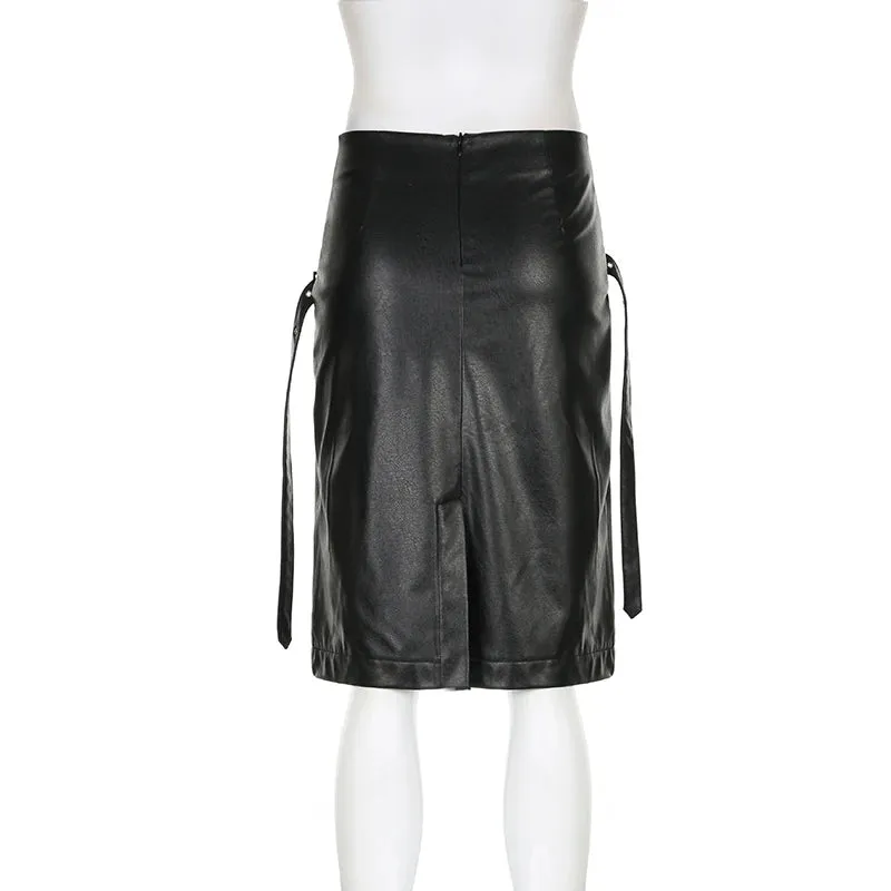 Streetwear Punk Low Rise PU Leather Skirt Party Club Buckle Metal Fashion Midi Skirt Ladies Grunge Gothic Sexy Bottom