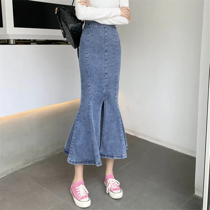 Stretched Women Mermaid Denim Skirt Summer High Waist Split Fork Black Fashion Ruffles Midi Jeans Skirt Korean Casual Falda