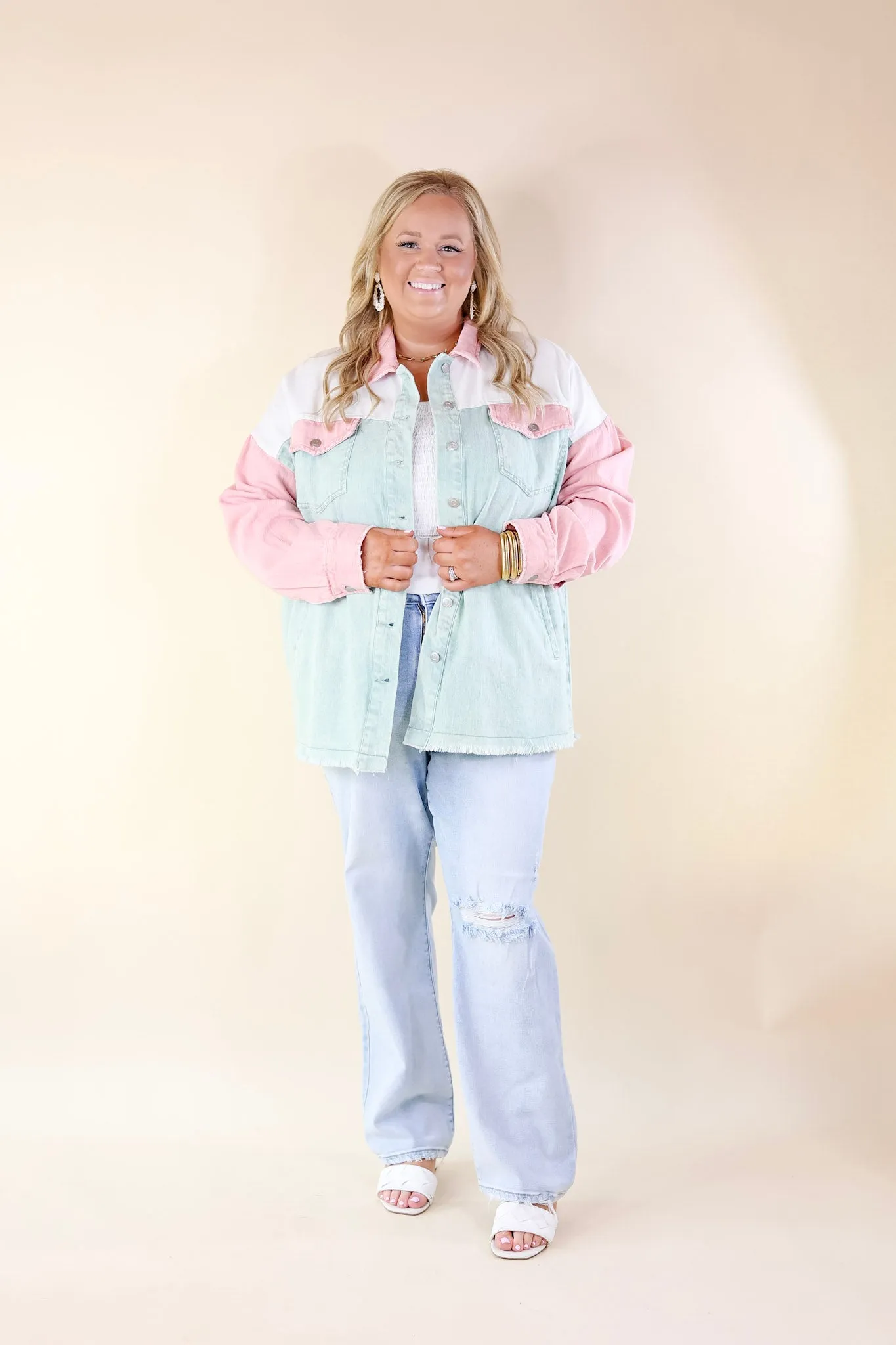 Style Mentor Color Block Button Up Jacket in Sage and Pink