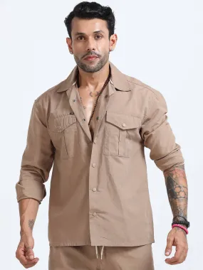 Style Shield Linen Shacket In Khaki