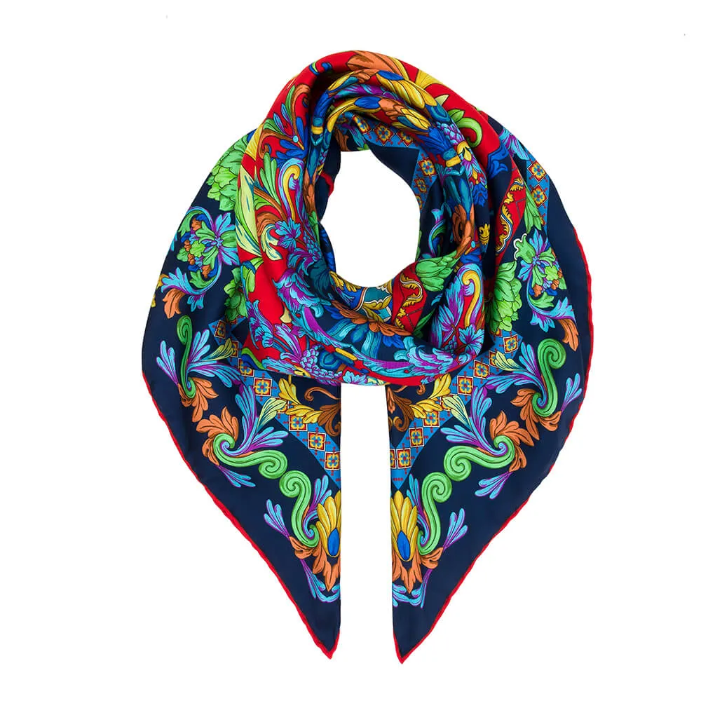 Taormina Art Blue and Red Silk Twill Scarf and Ring