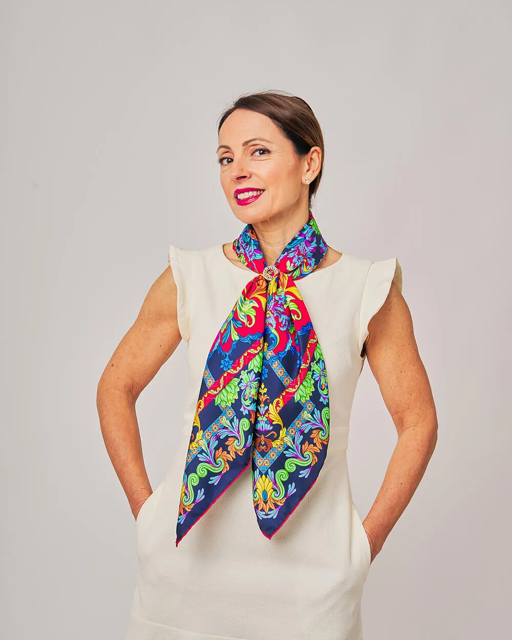 Taormina Art Blue and Red Silk Twill Scarf and Ring