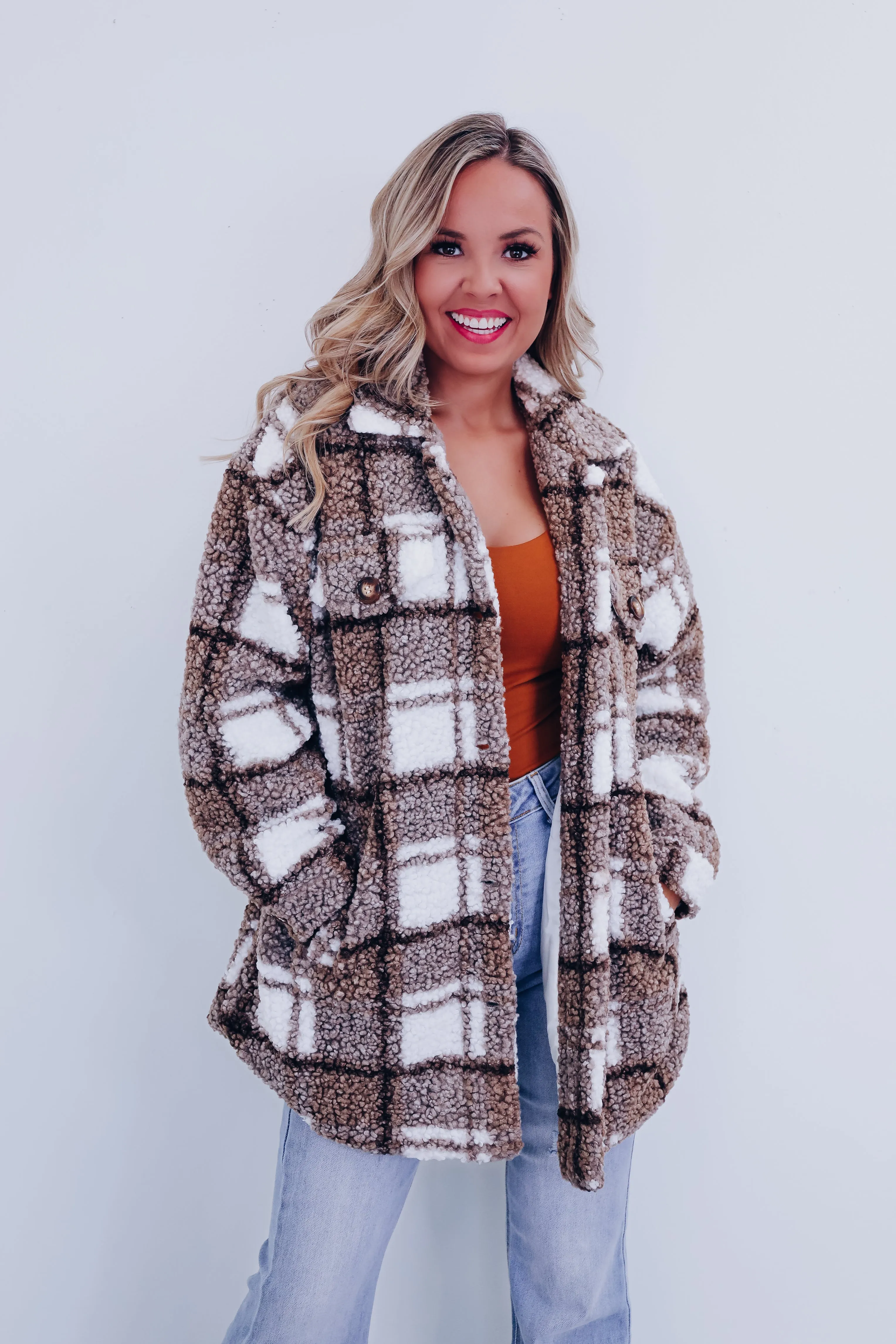 Teddy Plaid Sherpa Shacket - Brown