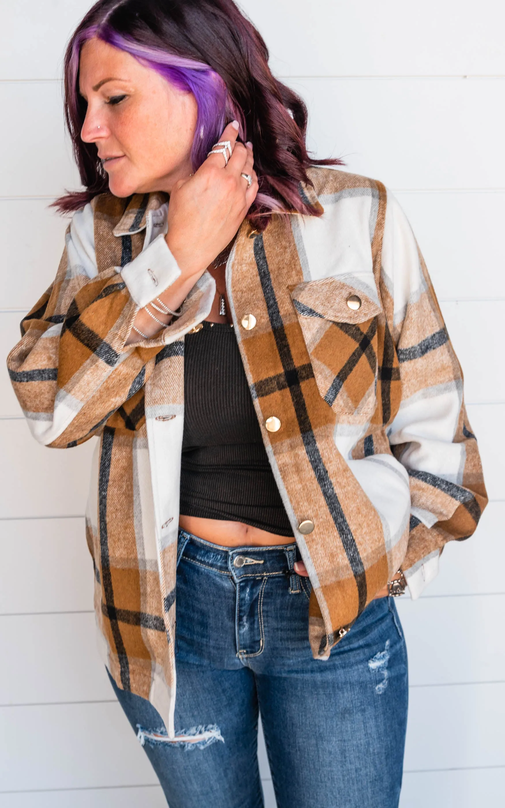 The Elizabeth Plaid Overized Shacket ((Camel)) - Final Sale