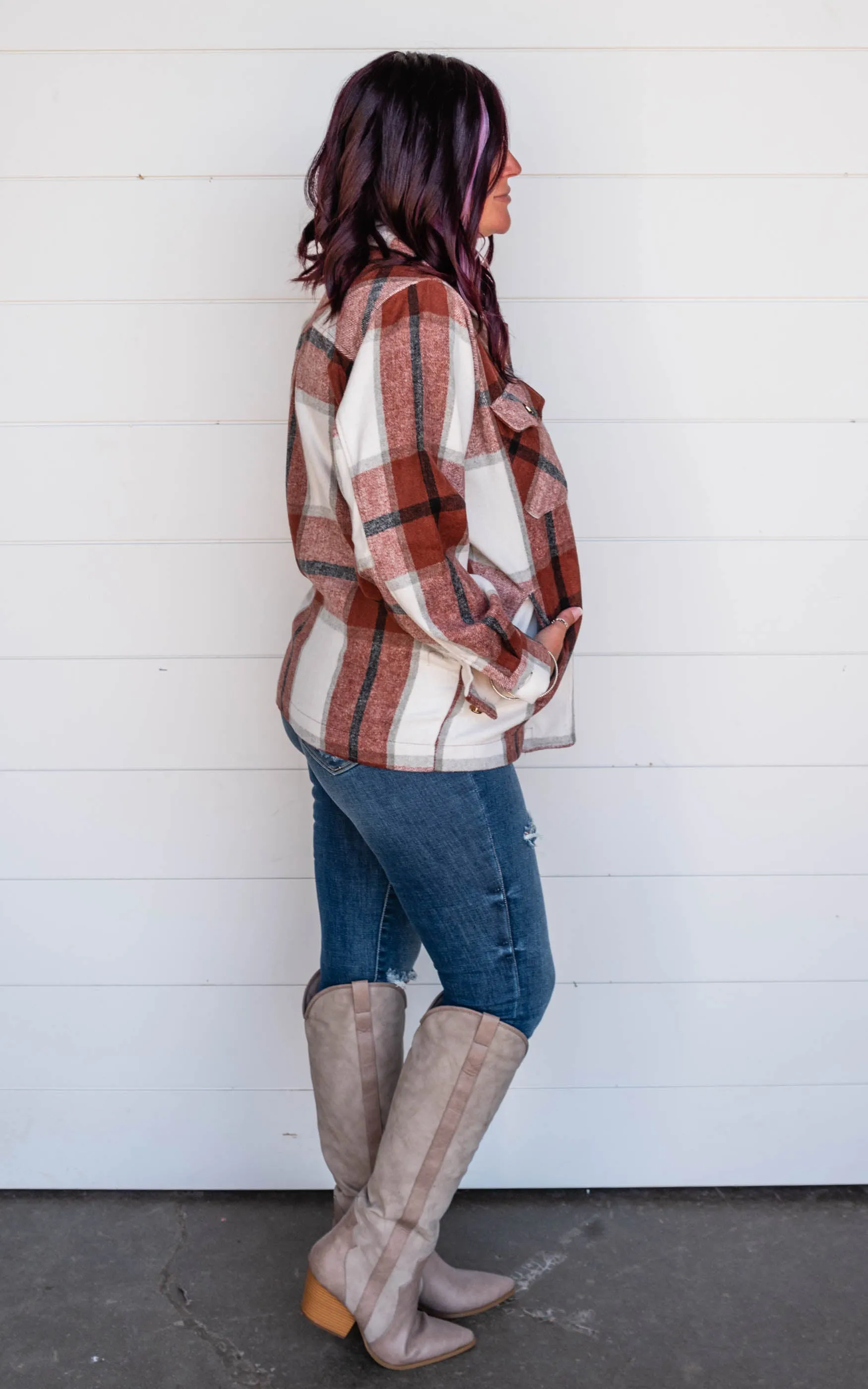 The Elizabeth Plaid Overized Shacket ((RUST)) - Final Sale