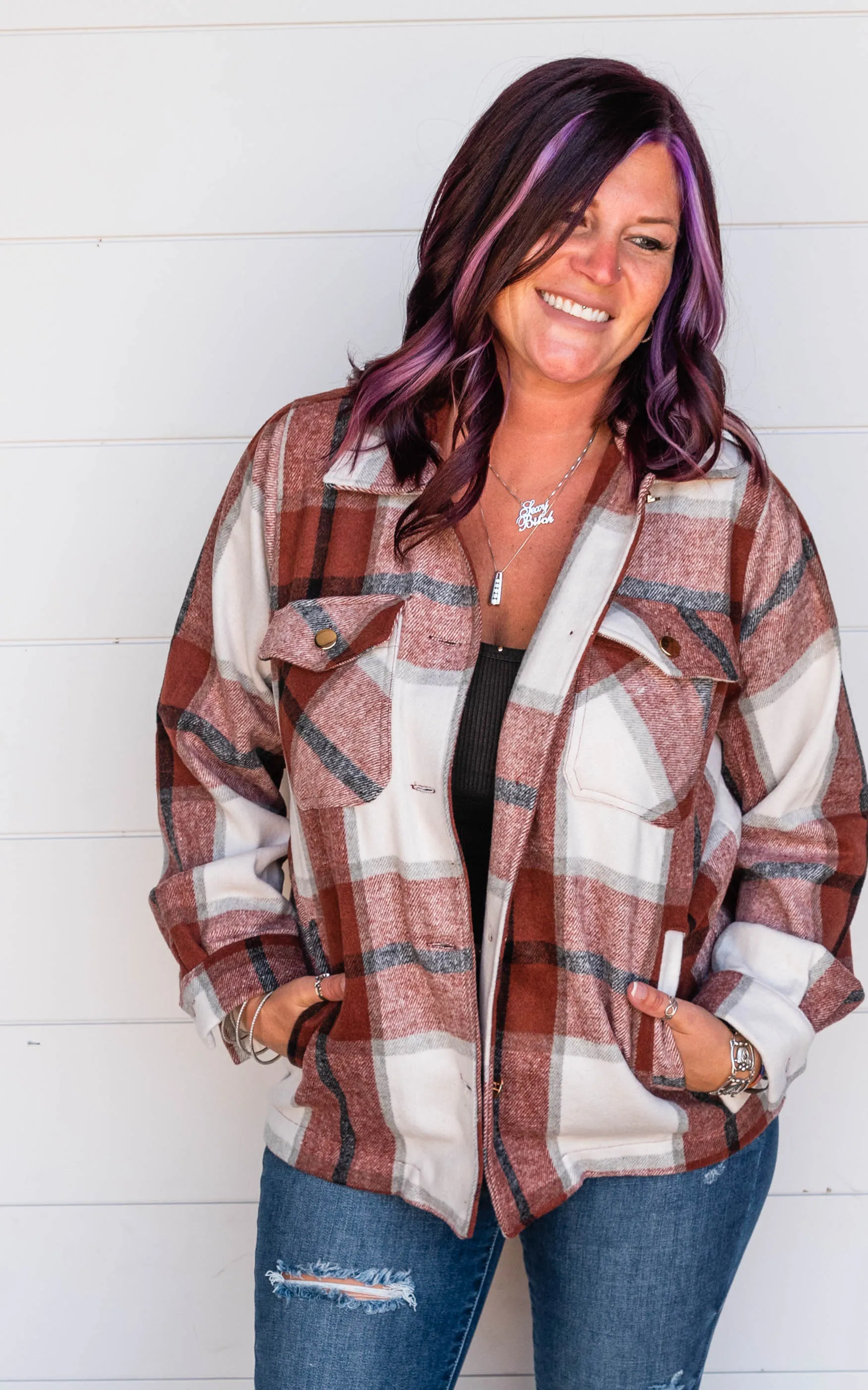 The Elizabeth Plaid Overized Shacket ((RUST)) - Final Sale