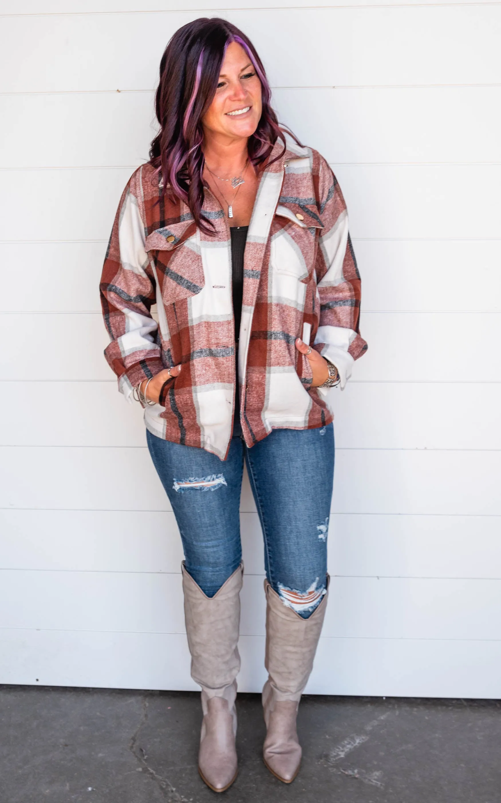 The Elizabeth Plaid Overized Shacket ((RUST)) - Final Sale