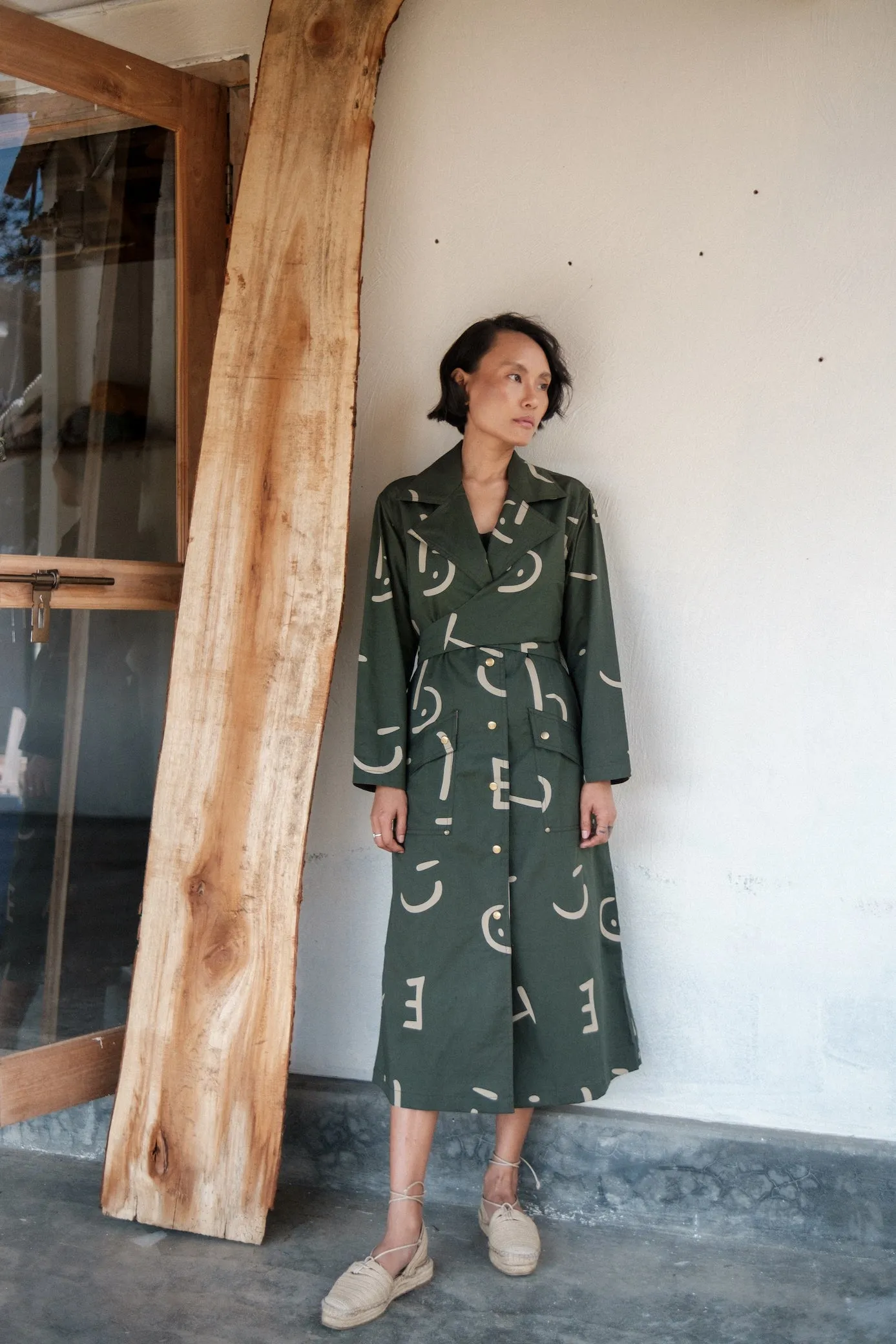 The Terra Tribe Deep Green Line Printed Copenhagen Trench