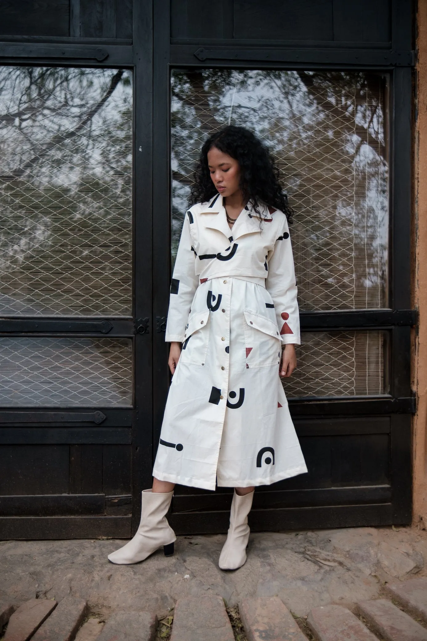 The Terra Tribe Ecru Triangle Printed Copenhagen Trench