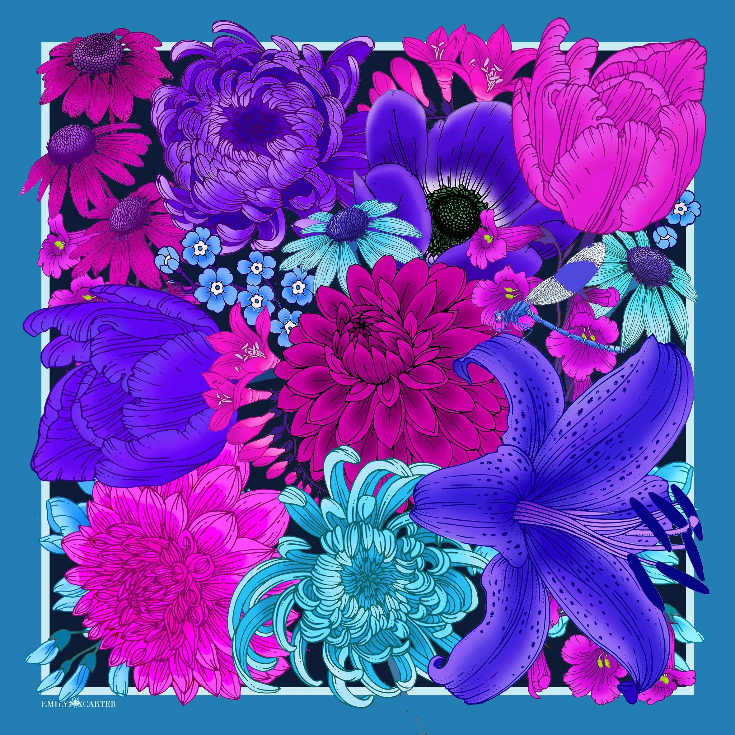 The Tulip & Dahlia Silk Scarf - Indigo | 130x130cm [Preorder]