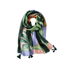 Tropical Plant with Leaf Print Scarf with Tassels