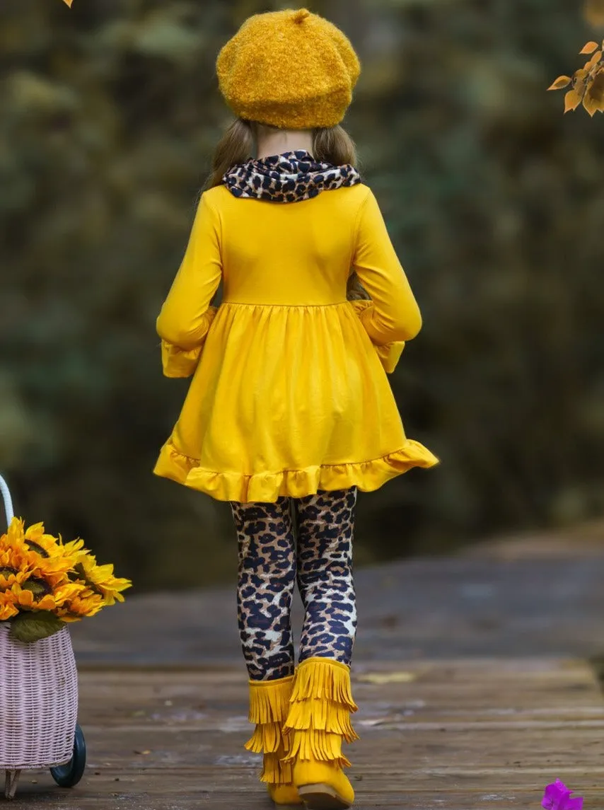 Vibrant Cub Hi-Lo Ruffle Tunic, Leopard Leggings And Scarf Set