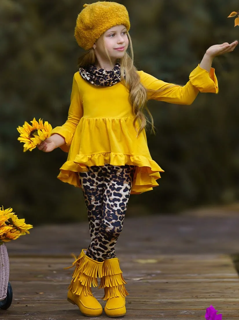 Vibrant Cub Hi-Lo Ruffle Tunic, Leopard Leggings And Scarf Set