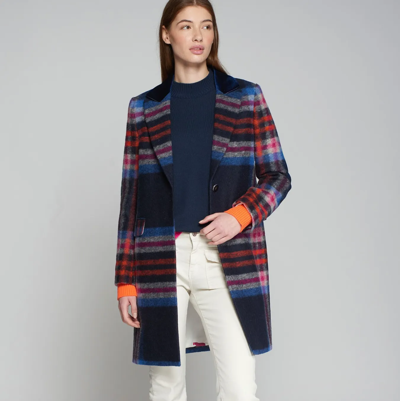 Vilagallo Coat Midi -Navy w/Pink and Orange Check