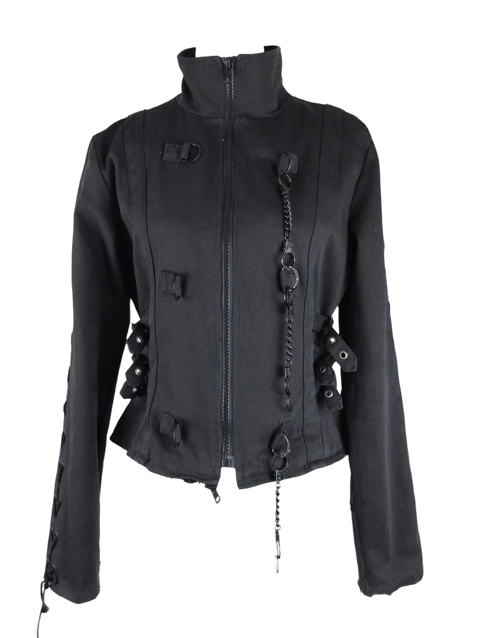 Vintage 2000s Y2K Goth Punk Grunge Utility Black Jacket with Handcuff Chain & Lace Up Detail