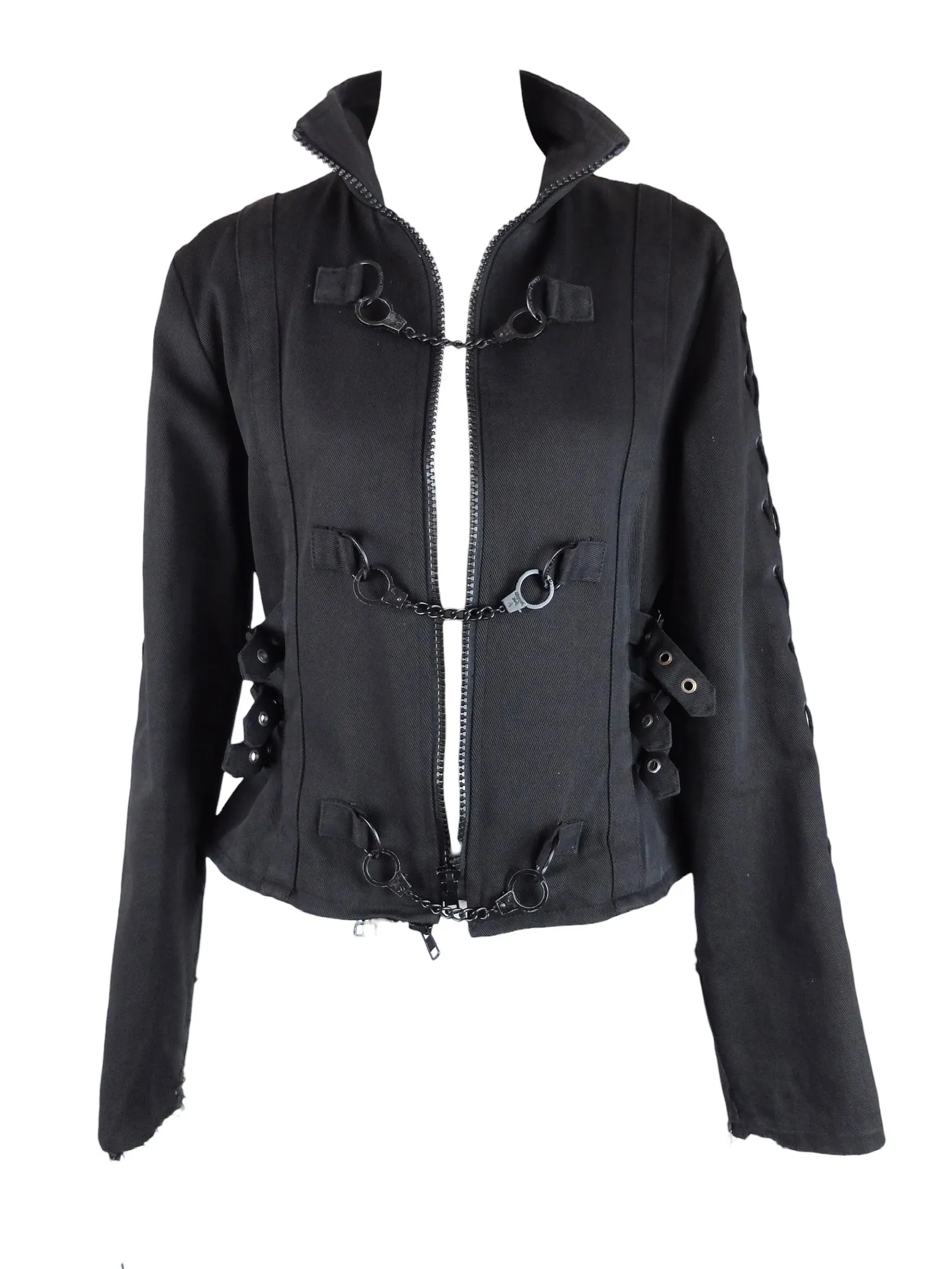 Vintage 2000s Y2K Goth Punk Grunge Utility Black Jacket with Handcuff Chain & Lace Up Detail